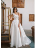 One Shoulder Ivory Satin Slit Timeless Wedding Dress